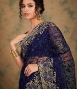 Navy blue embroidered net sarees
