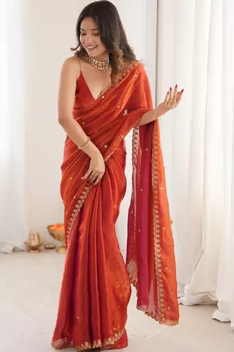 Orange embellished embroidered tissue designer saree