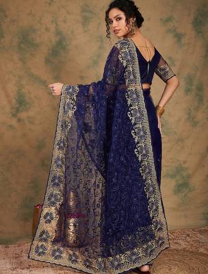 Navy blue embroidered net sarees 3
