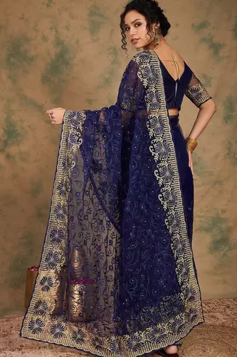 Navy blue embroidered net sarees