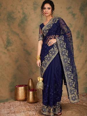 Navy blue embroidered net sarees 4