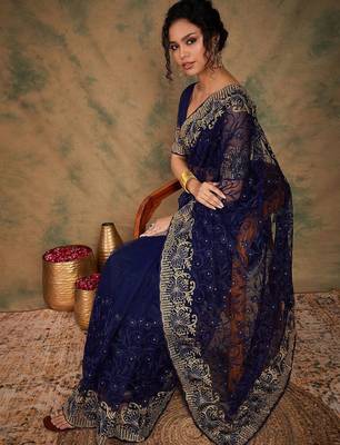 Navy blue embroidered net sarees 5