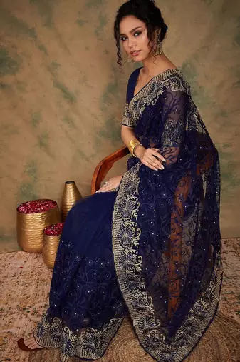 Navy blue embroidered net sarees