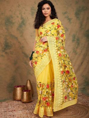 Yellow embroidered net sarees 1