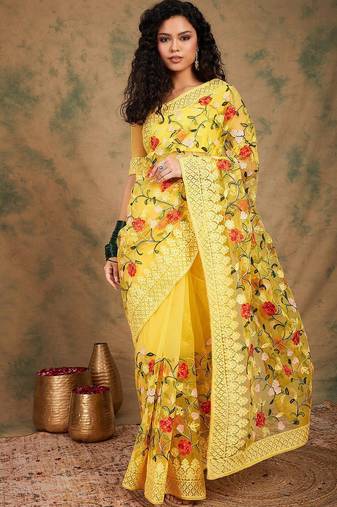 Yellow embroidered net sarees