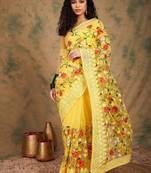 Yellow embroidered net sarees