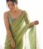 Lime embellished embroidered tissue designer saree