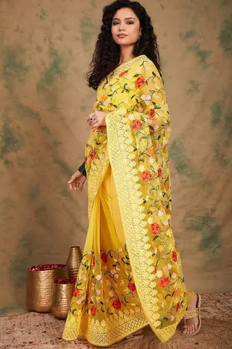 Yellow embroidered net sarees
