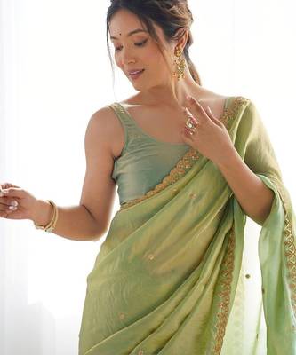 Lime embellished embroidered tissue designer saree 4