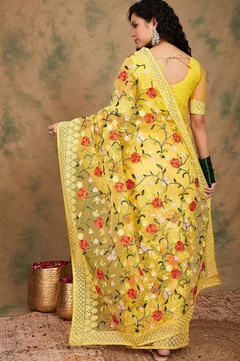 Yellow embroidered net sarees