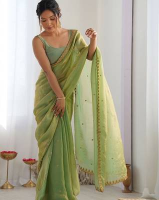 Lime embellished embroidered tissue designer saree 5