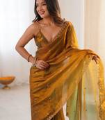 Mustard embellished sequinned tissue designer saree