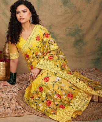 Yellow embroidered net sarees 5