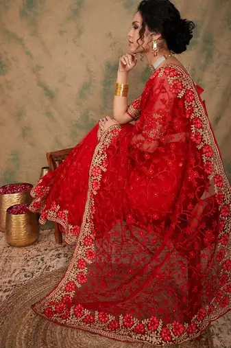 Red floral embroidered net sarees