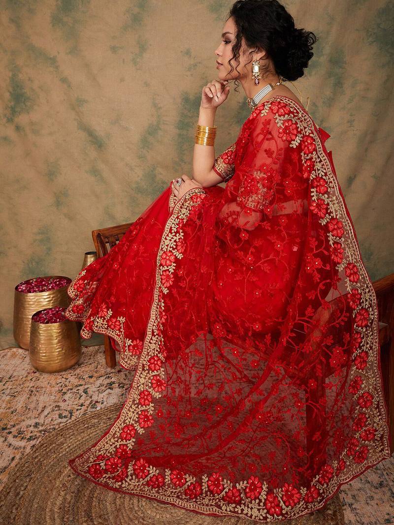 Red floral embroidered net sarees