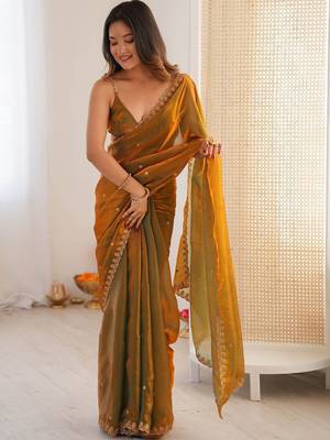 Mustard embellished sequinned tissue designer saree 3