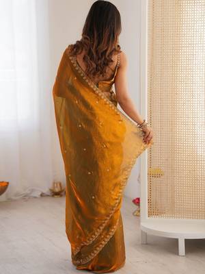 Mustard embellished sequinned tissue designer saree 4