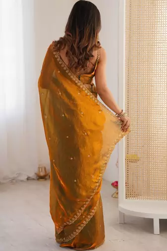 Mustard embellished sequinned tissue designer saree