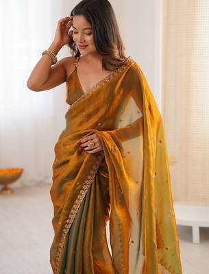 Mustard embellished sequinned tissue designer saree 5