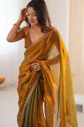 Mustard embellished sequinned tissue designer saree