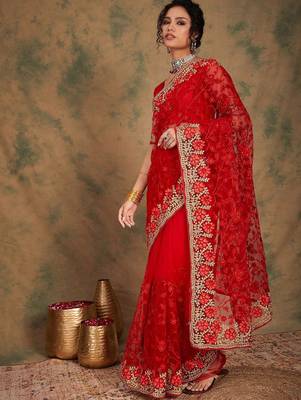 Red floral embroidered net sarees 2