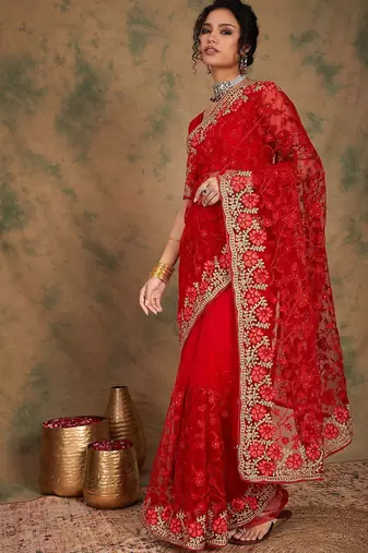 Red floral embroidered net sarees
