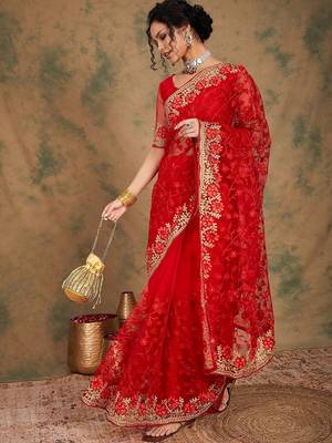 Red floral embroidered net sarees 4