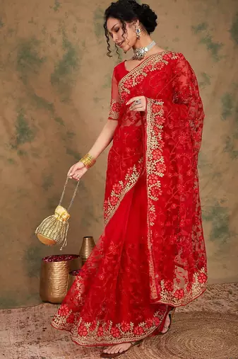 Red floral embroidered net sarees