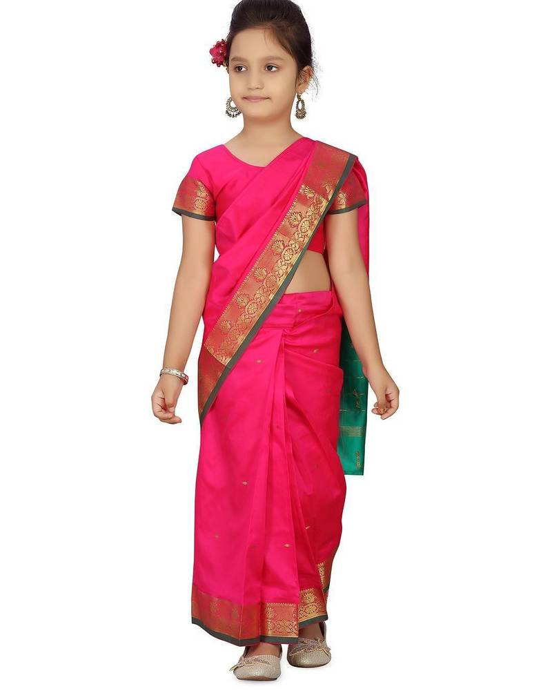 Pink girls woven design zari banarasi saree