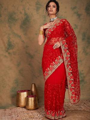 Red floral embroidered net sarees 5