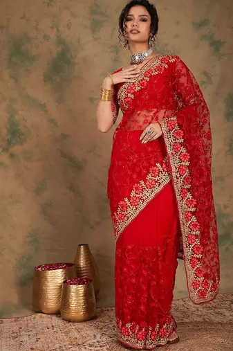 Red floral embroidered net sarees