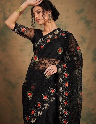 Black floral embroidered net saree 1