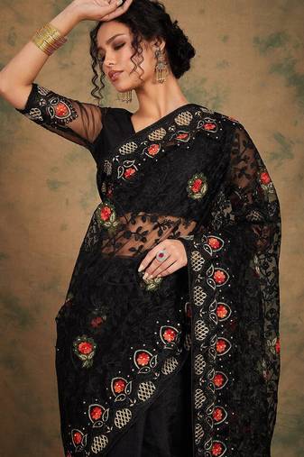 Black floral embroidered net saree