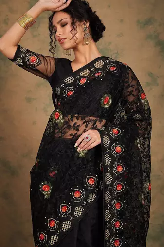 Black floral embroidered net saree