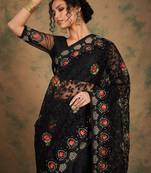Black floral embroidered net saree