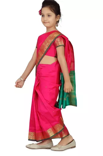 Pink girls woven design zari banarasi saree