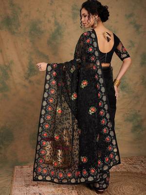Black floral embroidered net saree 3