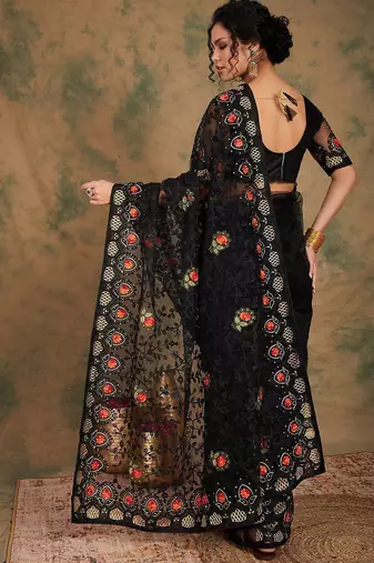 Black floral embroidered net saree