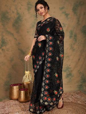 Black floral embroidered net saree 4