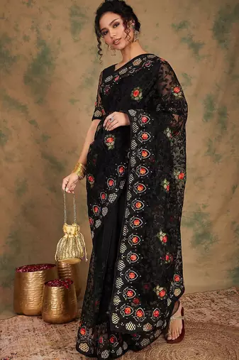 Black floral embroidered net saree