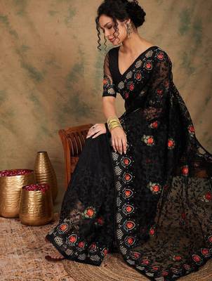 Black floral embroidered net saree 5