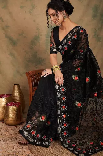 Black floral embroidered net saree