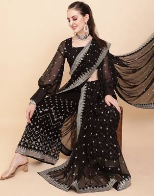 Black black & white embellished sequinned  georgette palazoo saree 1