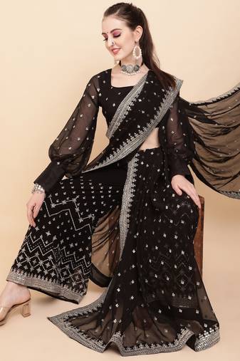 Black black & white embellished sequinned  georgette palazoo saree