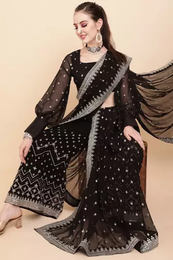 Black black & white embellished sequinned  georgette palazoo saree