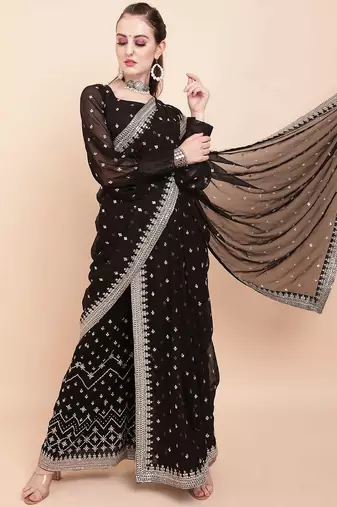 Black black & white embellished sequinned  georgette palazoo saree