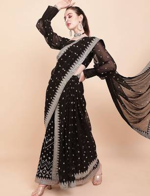 Black black & white embellished sequinned  georgette palazoo saree 3