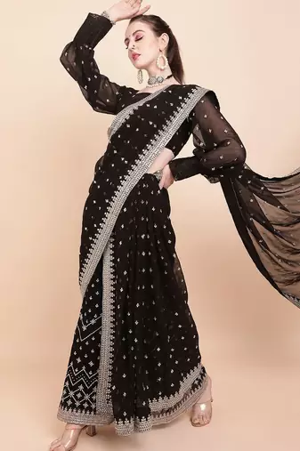 Black black & white embellished sequinned  georgette palazoo saree