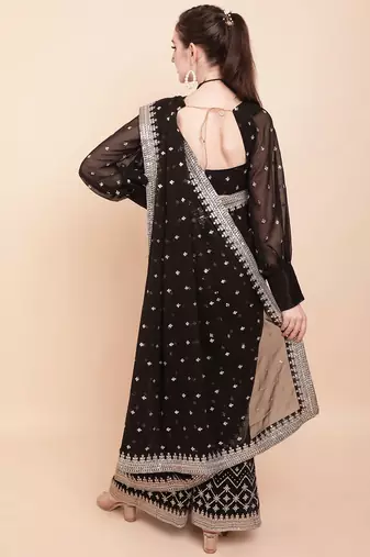 Black black & white embellished sequinned  georgette palazoo saree