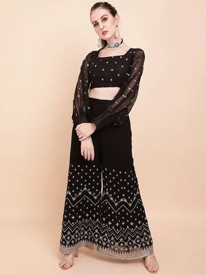 Black black & white embellished sequinned  georgette palazoo saree 5